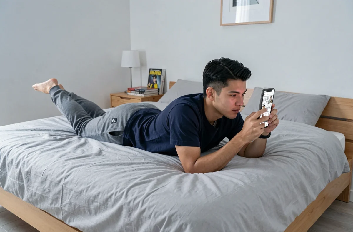 Jeune homme allongé sur son lit lisant un manga yaoi en scan sur son téléphone portable dans une chambre minimaliste