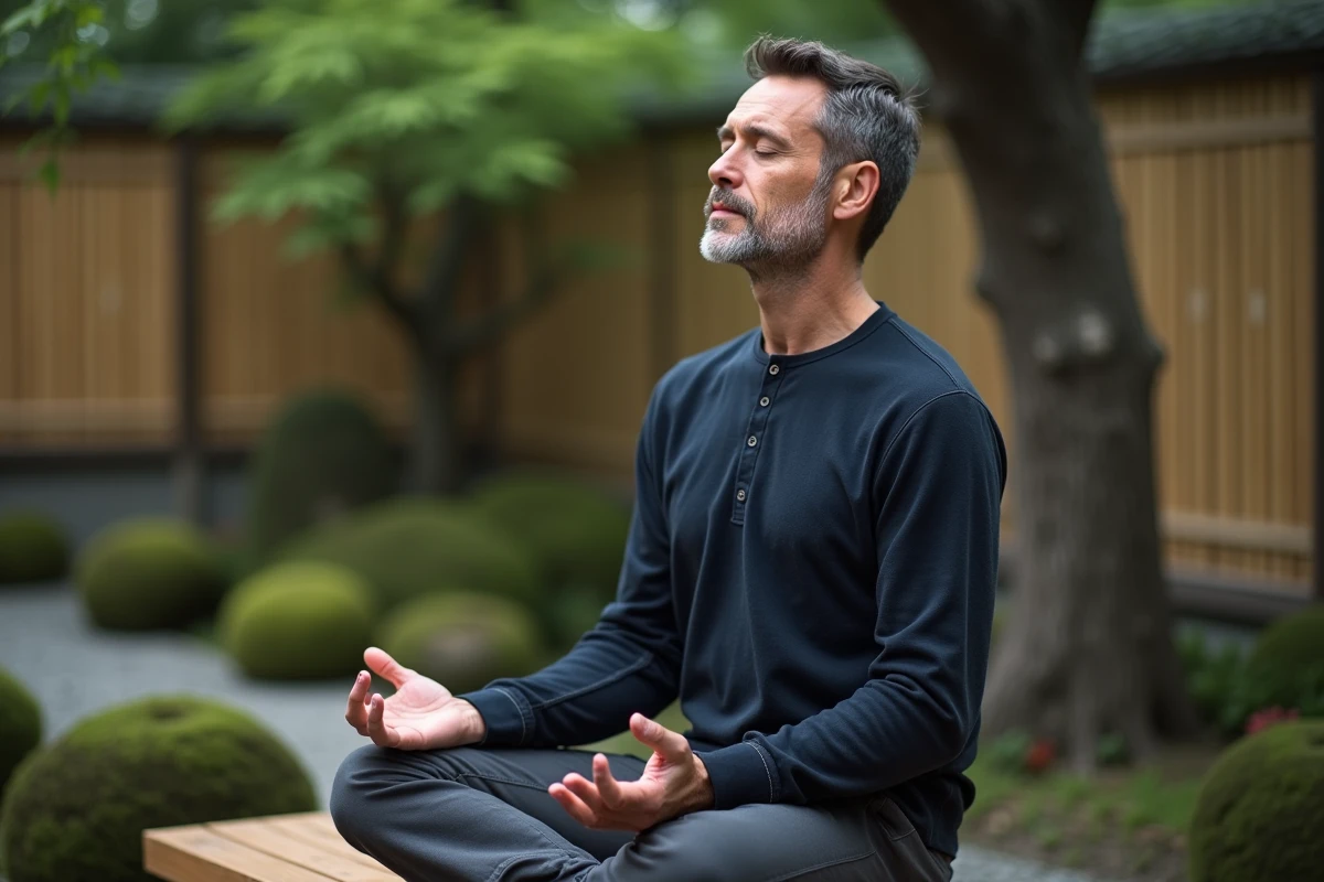 Homme méditant les yeux fermés dans un jardin zen japonais, exploration de la spiritualité et des flashs lumineux en méditation