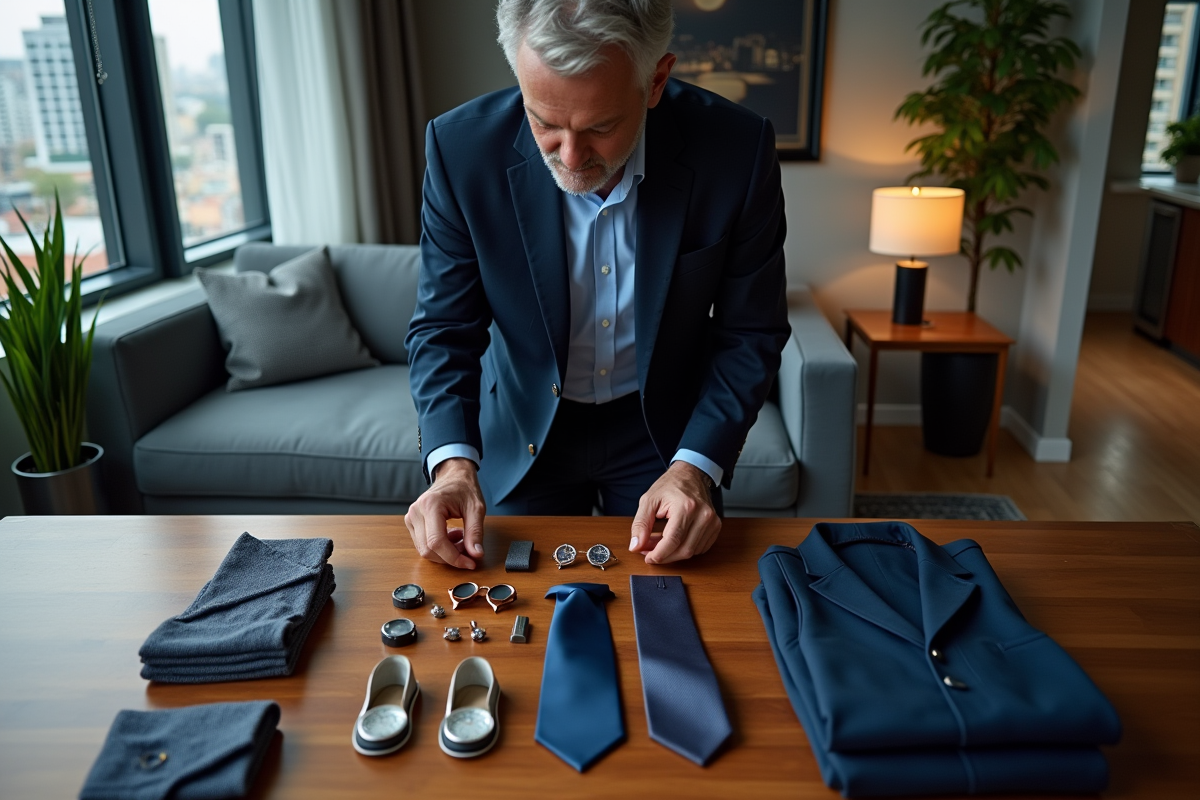 Homme organisant cravates et montres dans un salon urbain