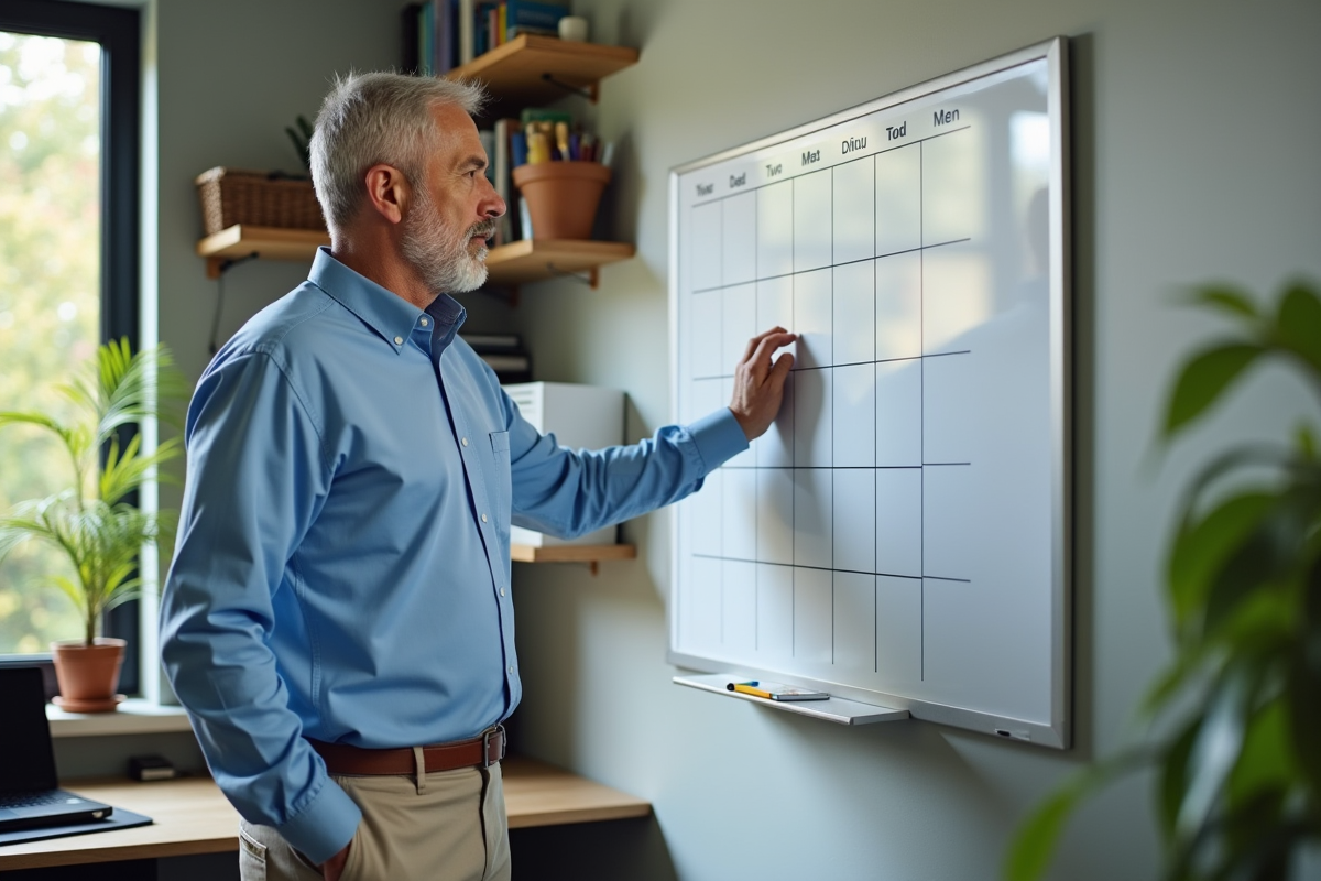 Homme utilisant un calendrier blanc dans un bureau à domicile