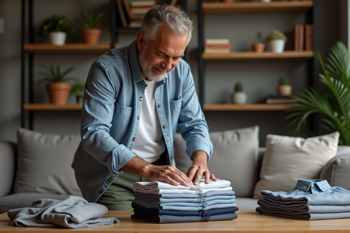 Homme pliant des vêtements dans un salon cosy et bien rangé