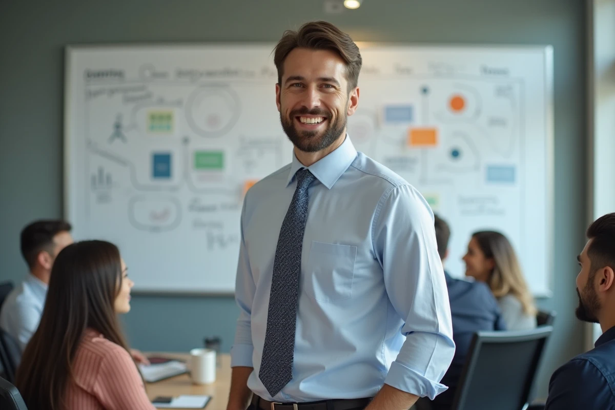 Homme en chemise et cravate devant un tableau blanc de marketing