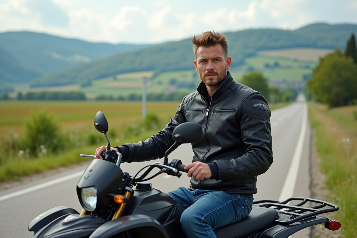 Homme en motoquad sur route rurale avec collines verdoyantes