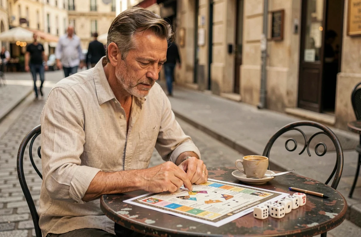 Homme consultant les règles imprimées du jeu de 421 à la terrasse d'un café français