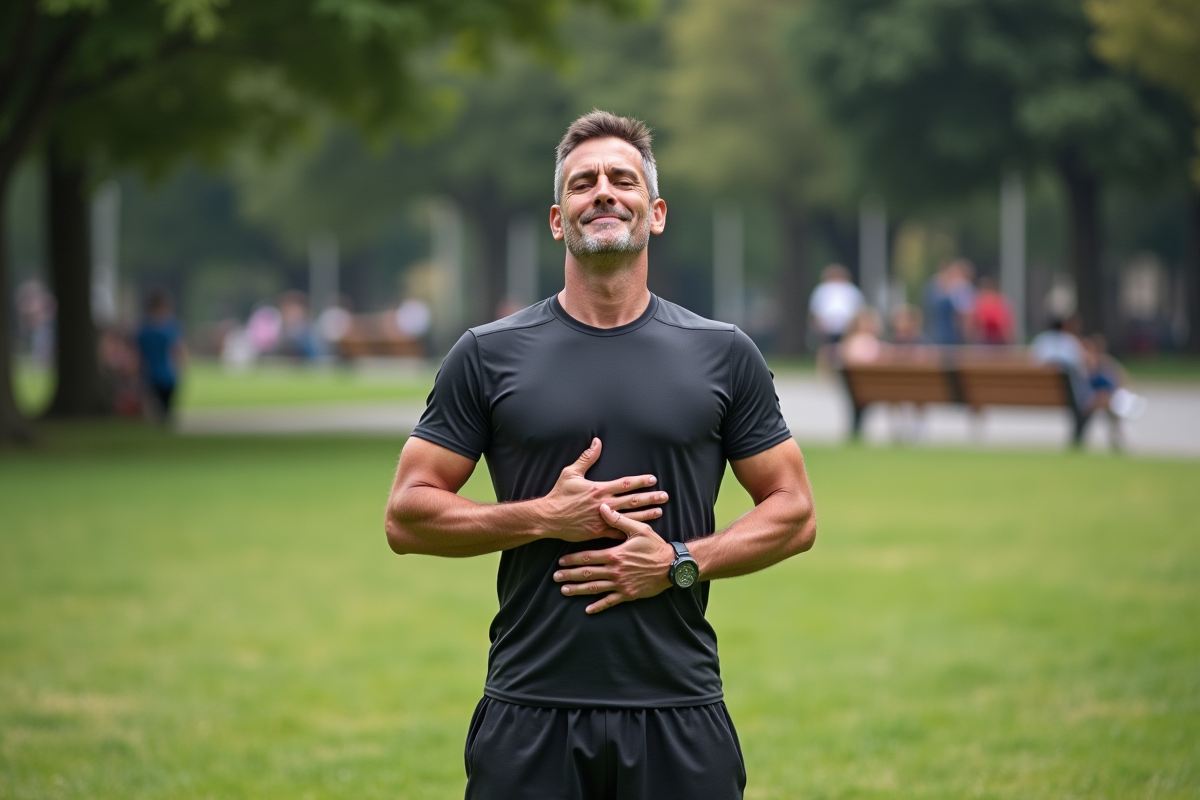 Homme pratiquant la respiration dans un parc urbain