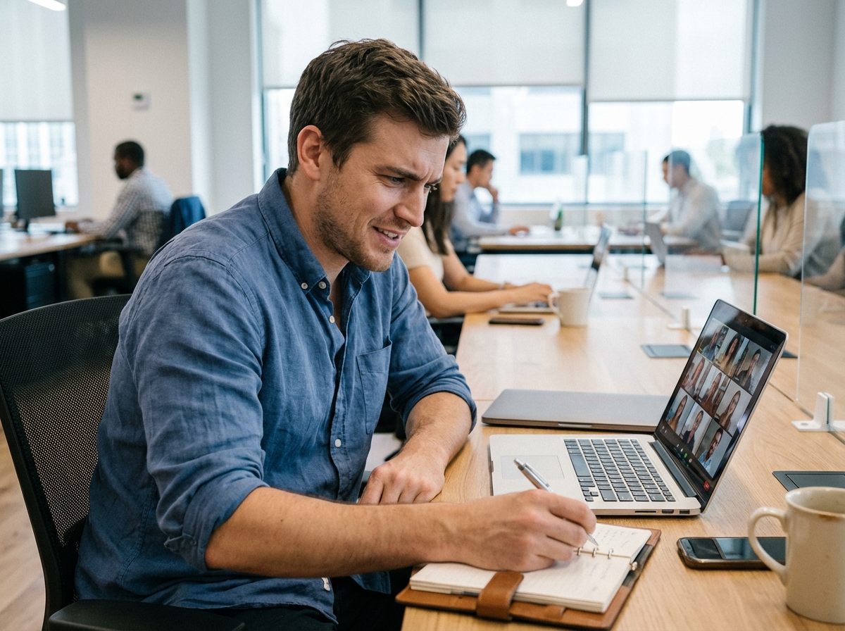 Homme en visioconference dans un espace de coworking moderne