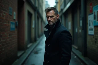 Homme en manteau sombre dans une ruelle urbaine nocturne, ambiance thriller Netflix A House of Dynamite