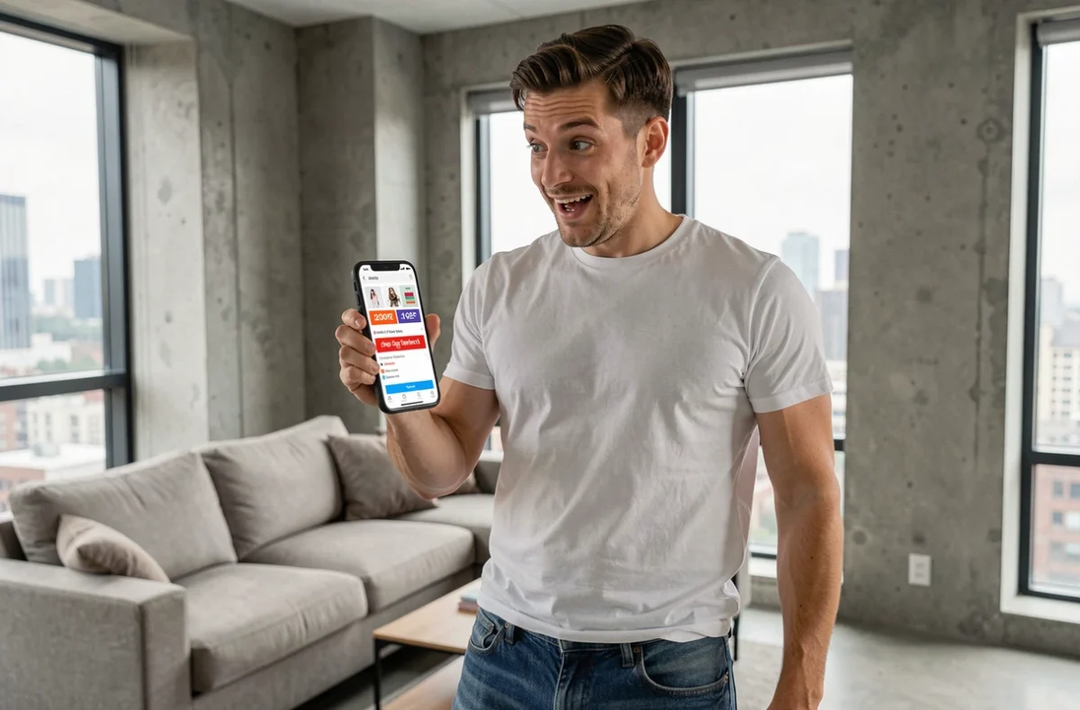 Un homme consulte une application de shopping sur son smartphone avec des offres Cyber Monday affichées, dans un appartement moderne avec vue sur la ville