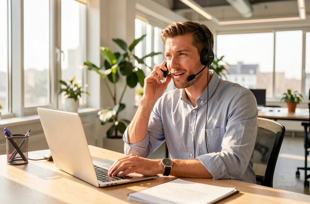 Homme souriant au téléphone avec un casque dans un bureau lumineux