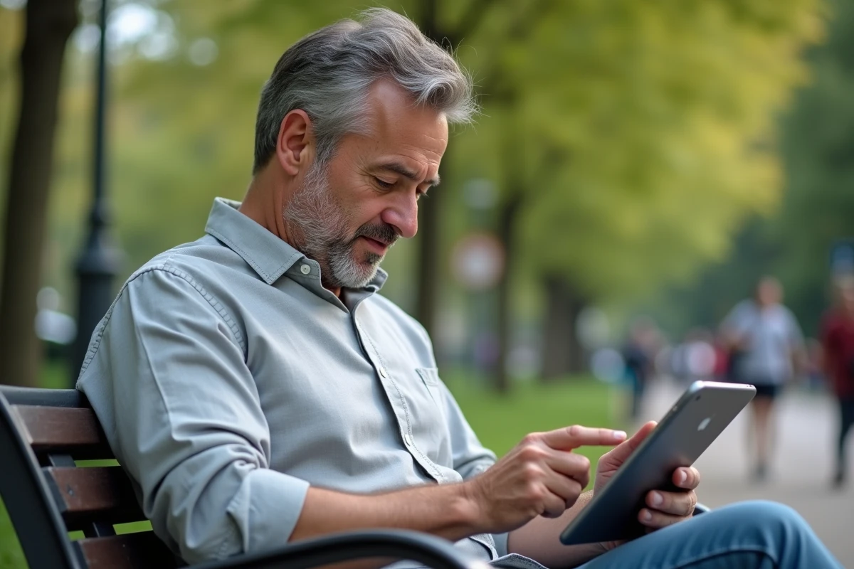 Homme d age moyen utilisant une tablette dans un parc