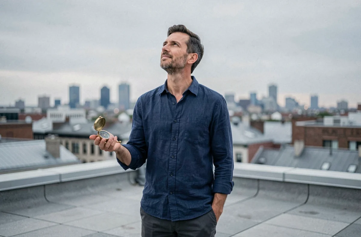 Homme sur une terrasse urbaine tenant une boussole, réflexion sur la signification spirituelle et professionnelle du 0110