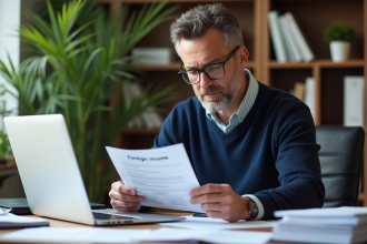 Homme en bureau étudiant un document de revenus étrangers
