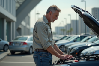 Homme d'âge moyen examinant le moteur d'une voiture d'occasion