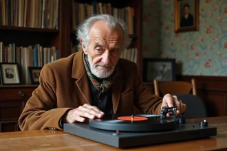 Homme âgé écoutant un vinyle dans un appartement parisien