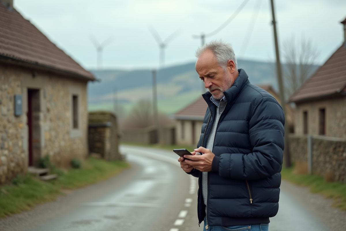 Homme d'âge moyen dans un village rural regardant son smartphone