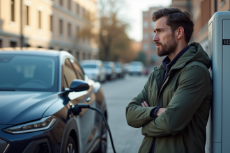 Homme à côté d'une voiture hybride en charge dans la ville