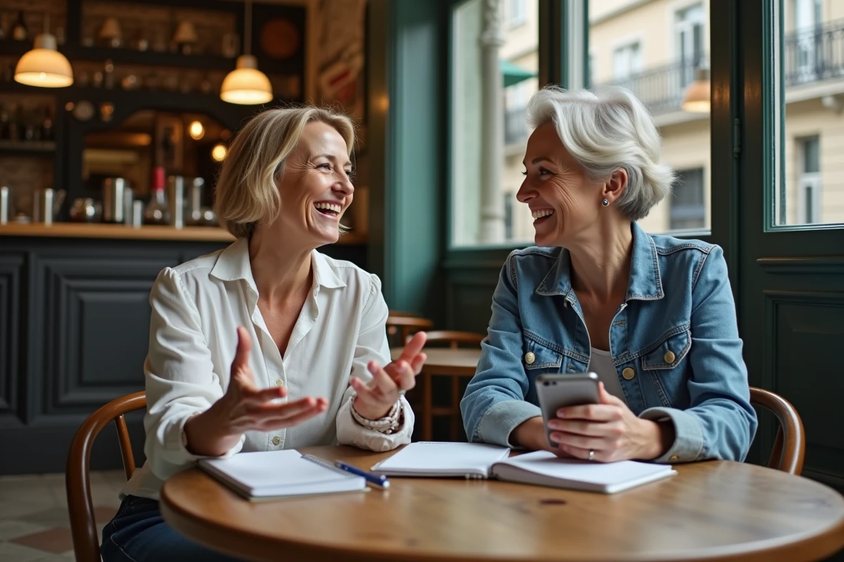 Deux femmes humoristes discutant autour d'un café parisien dans une ambiance de travail créatif complice