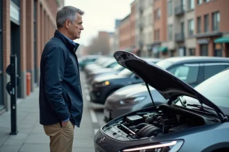 Ingénieur homme examine moteur voiture hydrogene en ville