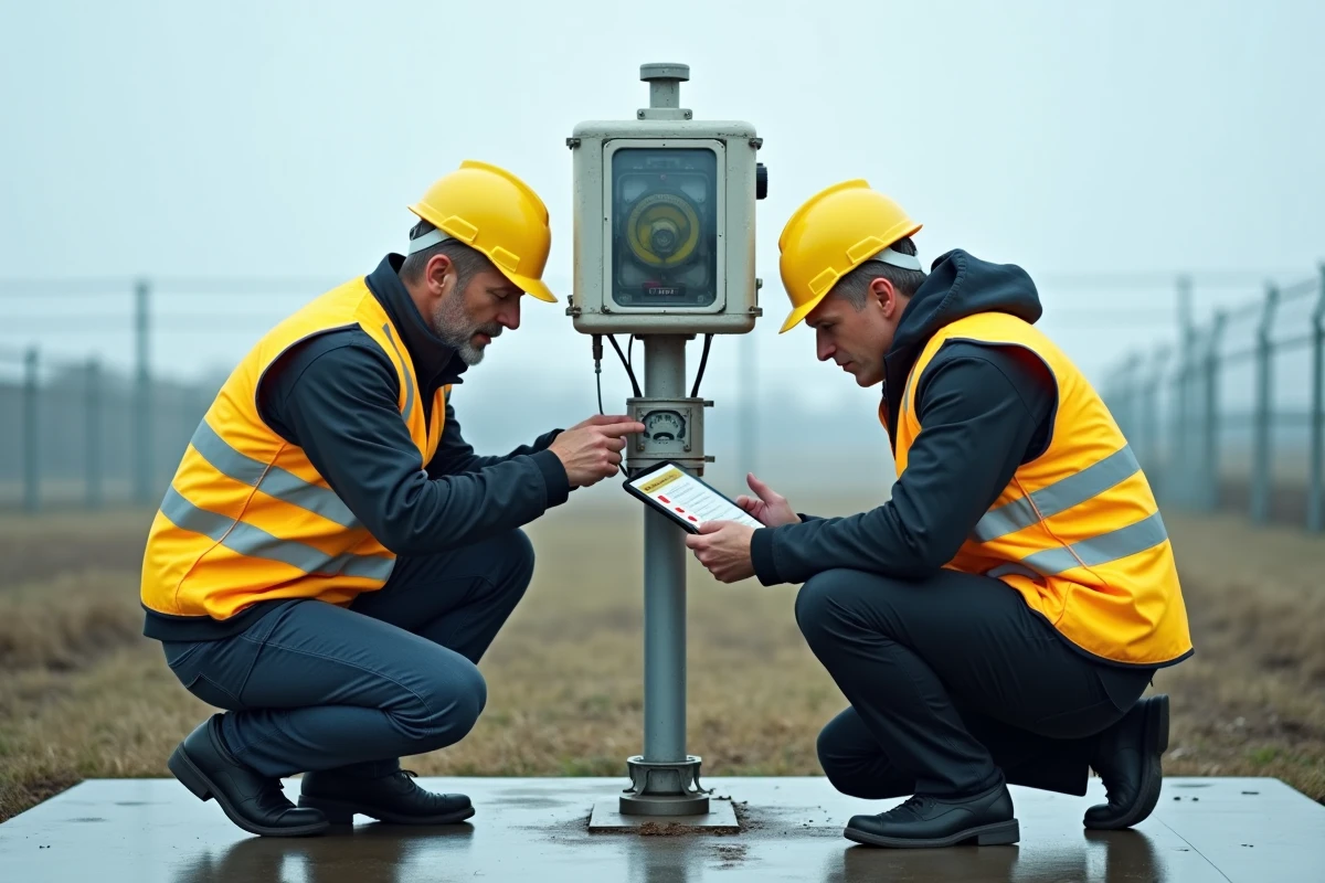 Deux ingénieurs de terrain inspectant une station d'observation automatisée avec une checklist numérique affichant des erreurs