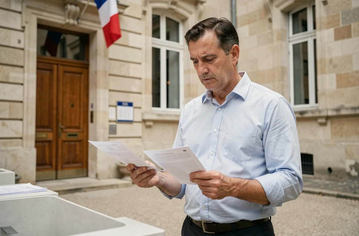 Homme consultant sa fiche d'inscription sur la liste électorale devant un bâtiment administratif de la ville de Pau