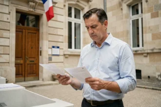 Homme consultant sa fiche d'inscription sur la liste électorale devant un bâtiment administratif de la ville de Pau