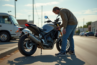 Personne inspectant une remorque moto en parking en plein jour