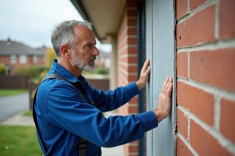 Hommes en overalls bleus posant des panneaux d'isolation extérieure