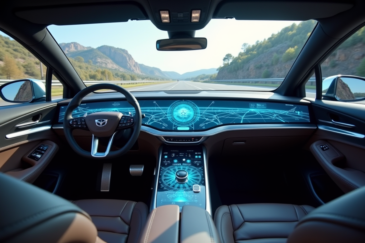 Intérieur de voiture de luxe avec tableau holographique en 2025