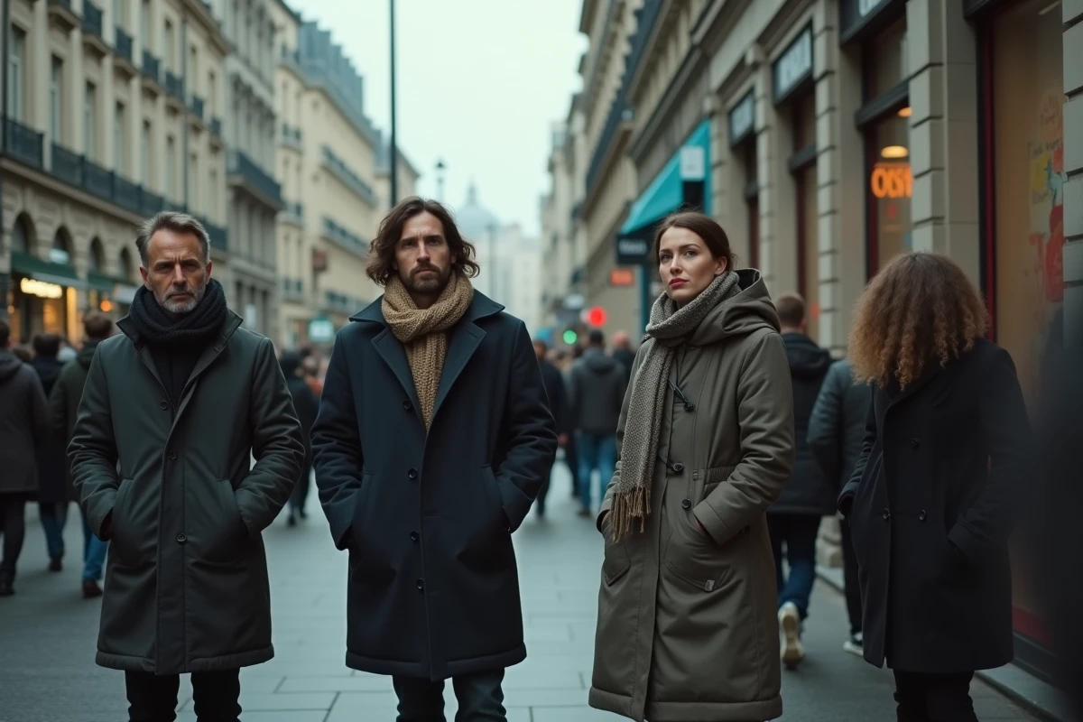 Groupe de personnes isolées dans une foule urbaine anonyme, symbolisant la méfiance entre les hommes et le sens philosophique de l'expression homo homini lupus