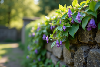 Ivy Kenilworth sur vieux mur de pierre avec fleurs violettes