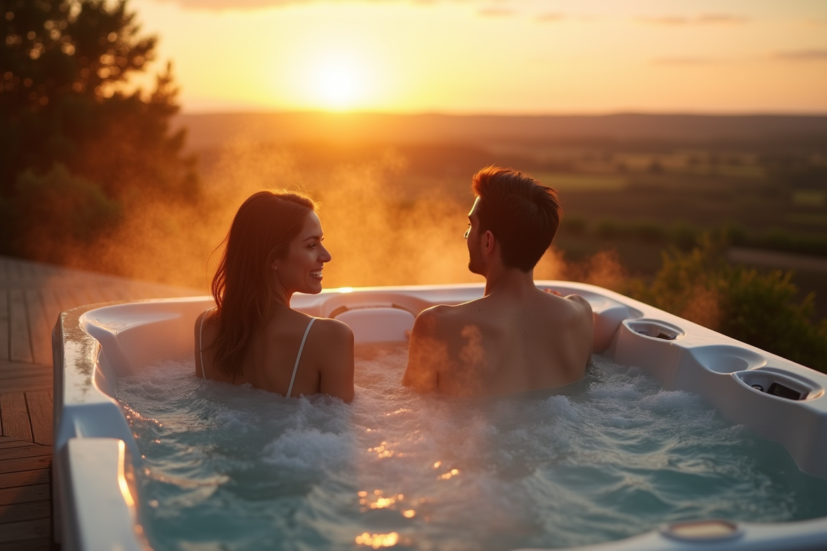 Couple relaxant dans un jacuzzi extérieur au coucher du soleil en Normandie