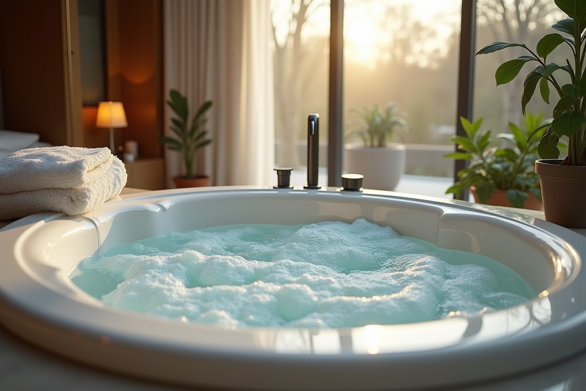 Jacuzzi intérieur élégant dans une suite de luxe lumineuse