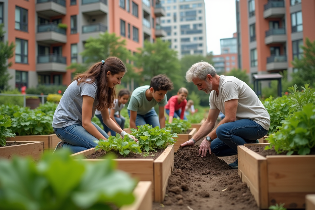 Groupe intergenerationnel jardinant dans un jardin urbain