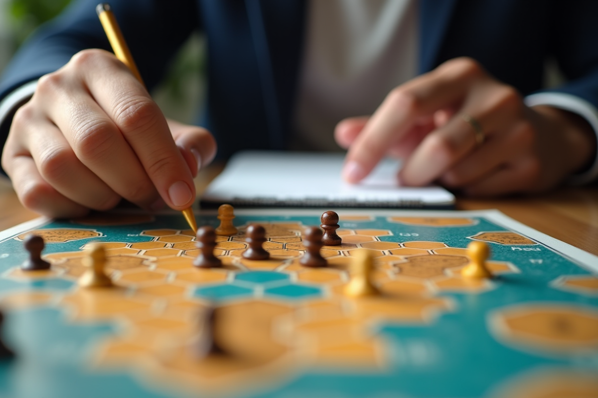 Gros plan sur le plateau de Mastermind avec mains en action et notes