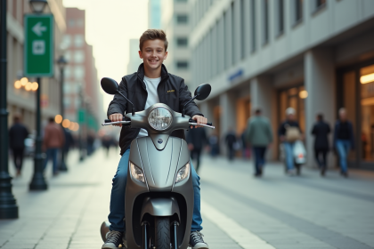 Jeune garçon souriant sur scooter en ville moderne