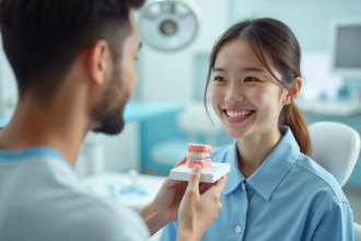Jeune adulte souriant en clinique dentaire moderne avec un dentiste