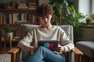 Jeune adulte regardant un test d'identite gender sur une tablette