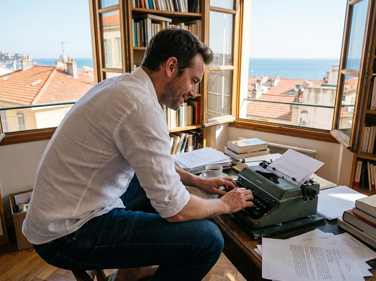 Jeune homme écrivain utilisant une machine à écrire dans son appartement