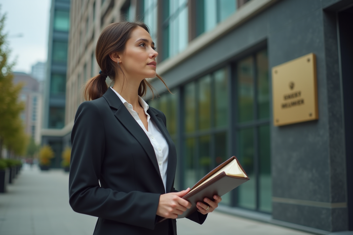Jeune femme d affaires devant un bâtiment moderne