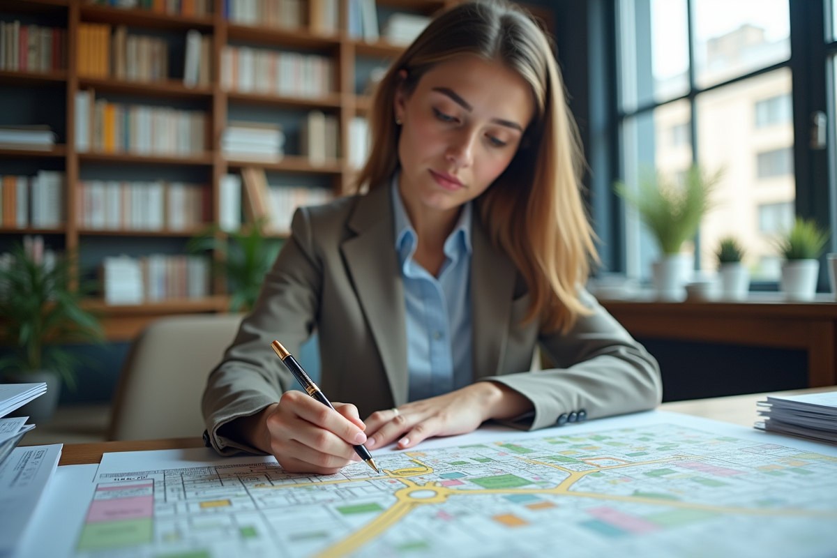 Jeune femme planifiant avec carte de zonage au bureau