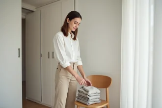 Jeune femme en chambre moderne et lumineuse