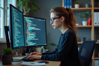 Jeune femme analysant du code sur deux écrans en bureau moderne