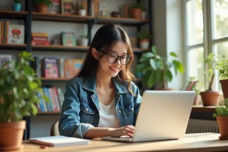 Jeune femme en denim regarde manga sur son laptop