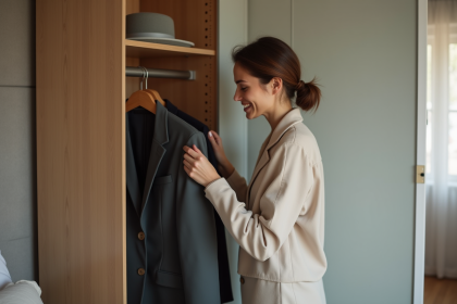 Jeune femme choisissant des vêtements dans une armoire minimaliste