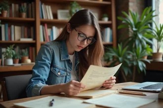 Jeune femme en denim examine une timeline dans son appartement