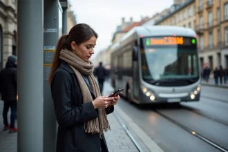 Jeune femme à Lyon vérifiant son smartphone à un arrêt de bus