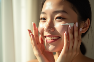 Jeune femme appliquant une creme visage naturelle