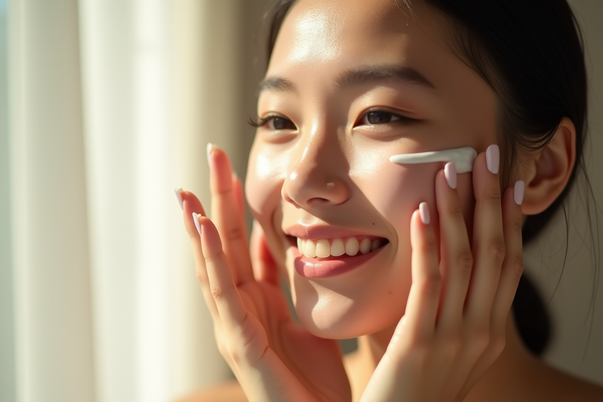 Jeune femme appliquant une creme visage naturelle