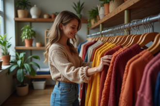 Jeune femme souriante dans une friperie avec pulls colorés