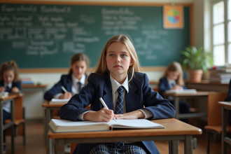 Jeune fille en uniforme scolaire française concentrée en classe